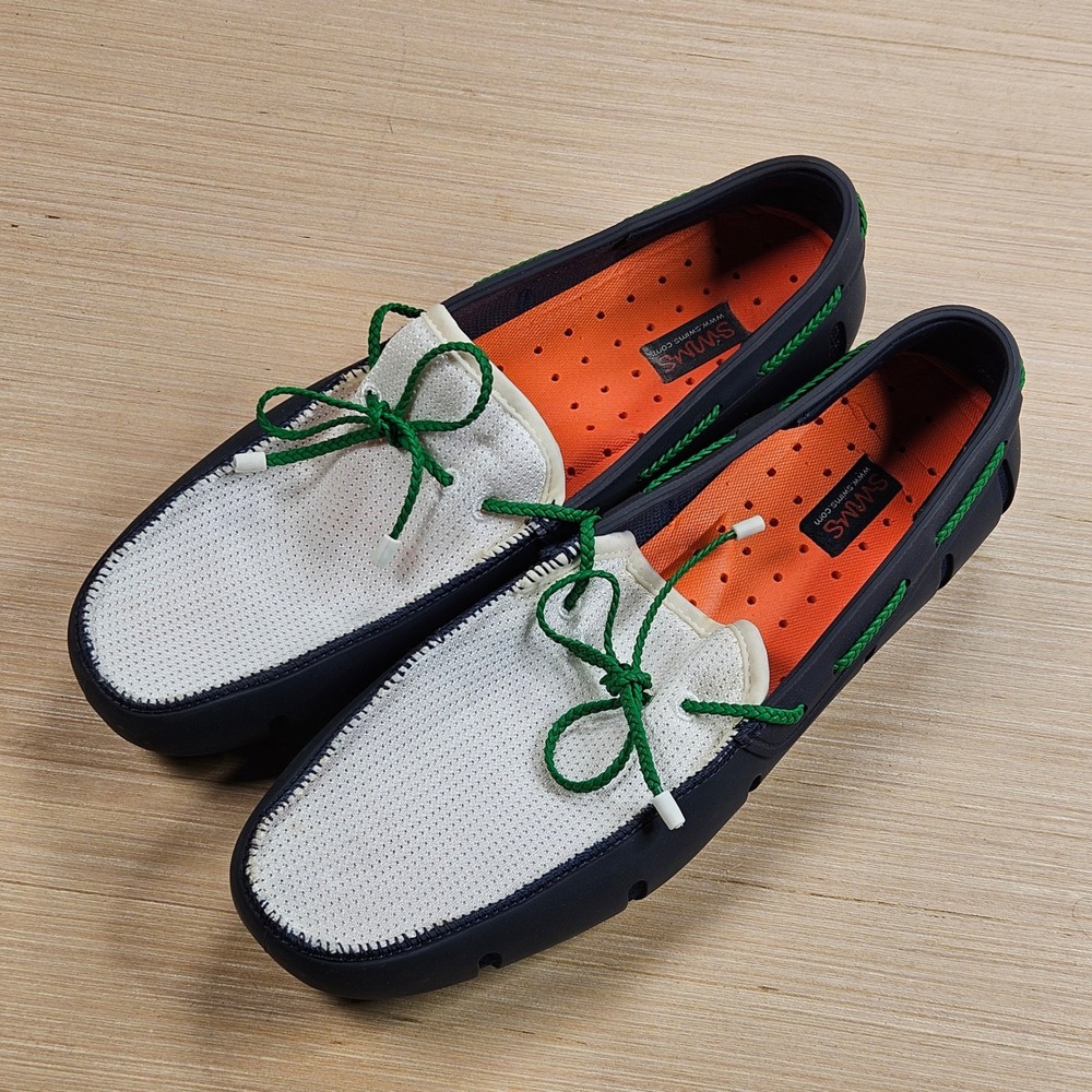 SWIMS Braided Lace Loafers Mens 10.5 Navy White Green Water Resistant Shoes